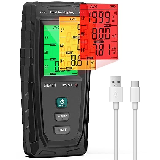 ERICKHILL 3 in 1 EMF Detector, Electromagnetic Field Radiation Detector for EF, RF, MF, WiFi,5G Signal,Triple Alarm Modes, Type-C Charging, EMF Meter for Home, Office, and Paranormal Investigation