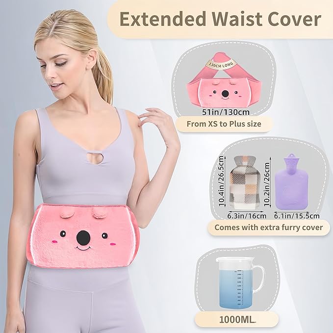 Hot Water Bag, Hot Water Bottle with Waist Cover for Menstrual Cramps, Pain Relief, Warm Water Pouch with Soft Plush Hand Waist Warmer Cover