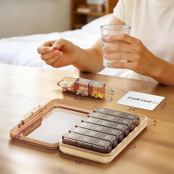 Weekly Pill Organizer 3X a Day, Detachable 7 Day Pill Box 3 Times a Day with Moisture-Proof Design, Portable Light-Proof Daily Pill Case for Pills,Vitamin,Fish Oil and Supplements(Brown)