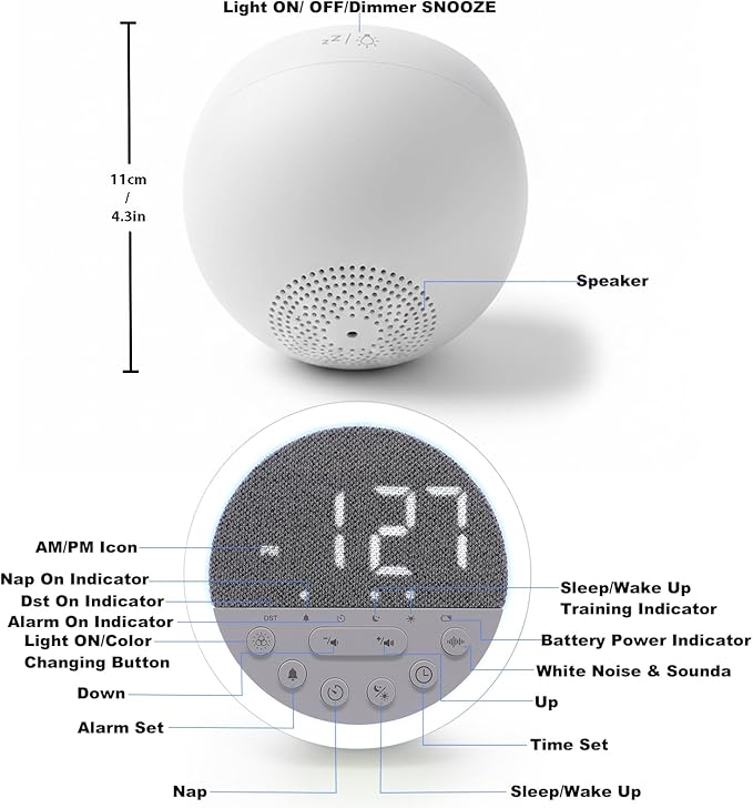 Sunrise Alarm Clock and Sound Machine Nightlight Adjustable Brightness, Rechargeable Wake Up Light Digital, Sleep Timer, Sleep Sounds, White Noise for Baby Kids Adults, Nature Soft Light for Bedroom