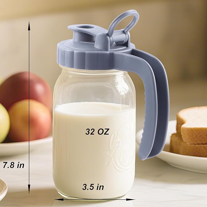 Mason Jar Pitcher 32 OZ With Pour Spout Lids Wide Mouth Breast Milk Pitcher 1 Quart Glass Milk Jug With Flip Cap Airtight & Leakproof Water Carafe For Fridge, Coffee, Iced Tea, Lemonade, Juice