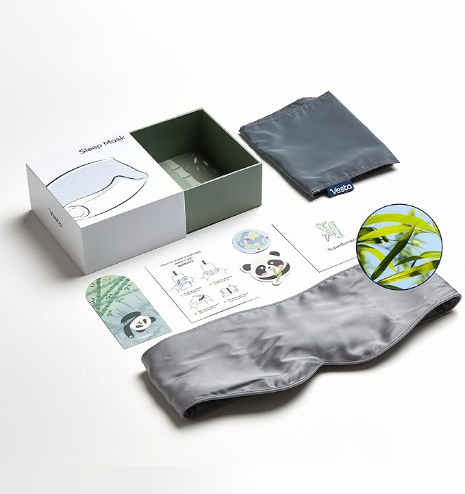 Vesta 100% Bamboo Viscose Sleep Mask, Silky Soft, Adjustable, Full-Size for Total Blackout, Perfect for Sleep, Travel & Nap, Includes Travel Bag and Gift Box (Glacier Grey)