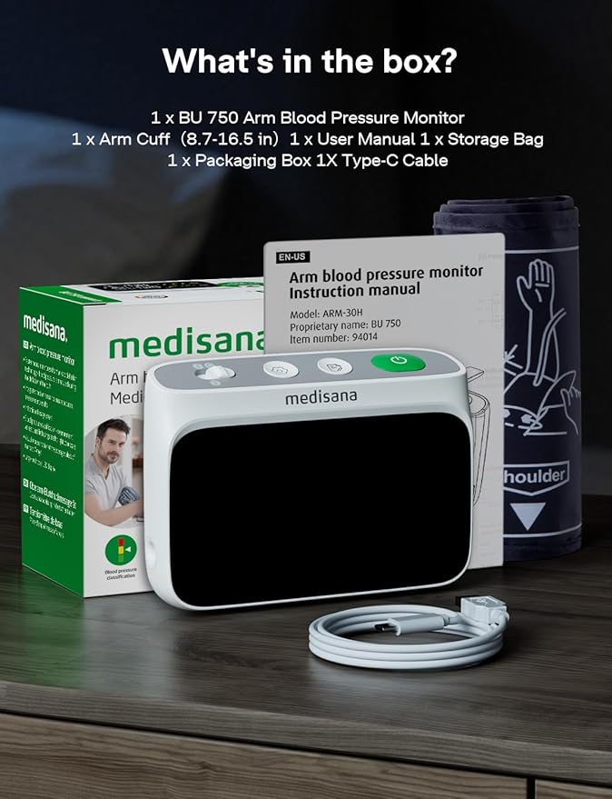 Medisana Blood Pressure Monitors for Home Use, Rechargeable Upper Arm Blood Pressure Monitor with Large LED Backlit Display, Adjustable Blood Pressure Cuff 9-17" with 2×110 Sets Memory(NO Bluetooth)