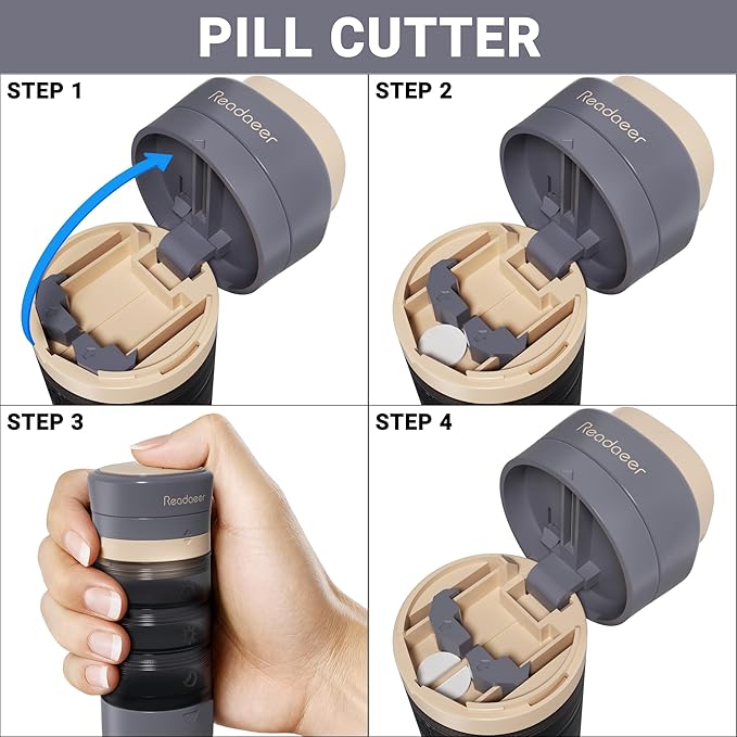 READAEER Pill Organizer, Pill Cutter, Pill Grinder, 3 in 1 Function Portable Pill Case for Trave（Gray