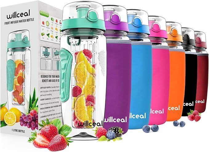 Fruit Infuser Water Bottle 32oz- Durable, Large - BPA Free Tritan, Flip Lid, Leak Proof Design - Sports, Camping