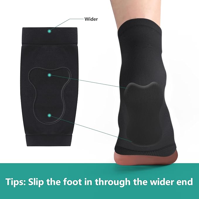 Welnove Achilles Tendonitis Heel Protector Socks - 4 Pcs Achilles Tendon Support Compression Socks - Gel Padded Sleeve for Cushion & Protection of Bursitis, Tenderness, Dry Cracked (Black,Larger)