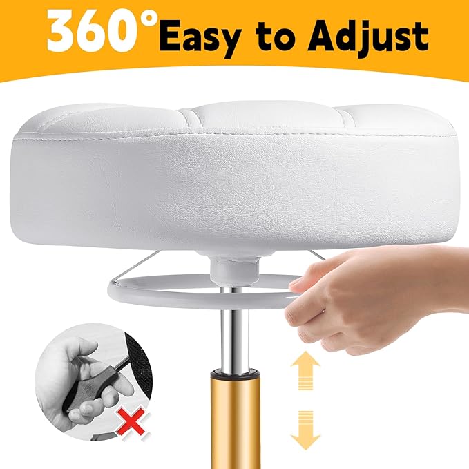 Rolling Stool Heavy Duty 450lbs - Reinforced with Golden Alloy Steel, Super Soft Thick Cushion, 360° Swivel, Smooth Rolling NO Noises, Adjustable Stool with Wheels for Massage Tattoo Spa, (White)