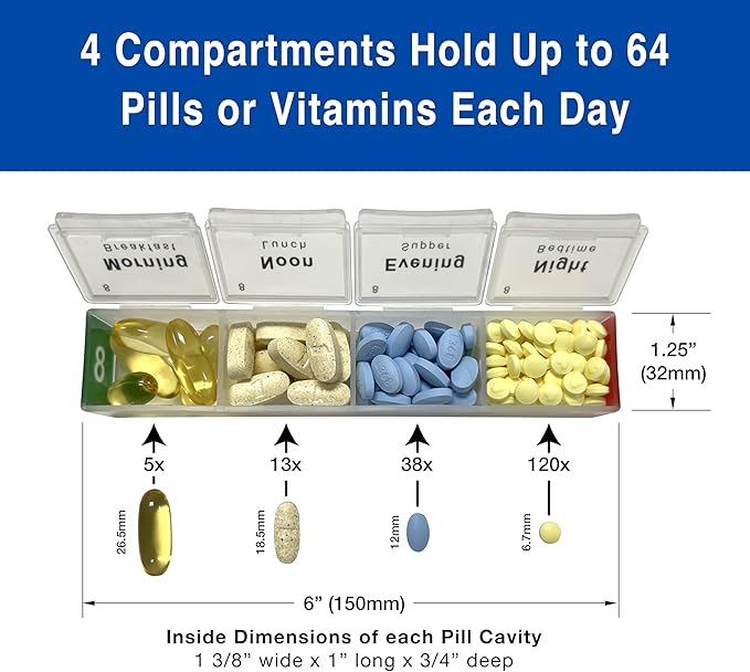 MEDCENTER Traveler 7 Day Pill Organizer HSA/FSA, Portable Pill Case, Large Capacity Medication Organizer for Traveling with 4 Daily Compartments, Nylon Pill Container for Travel, Large Size