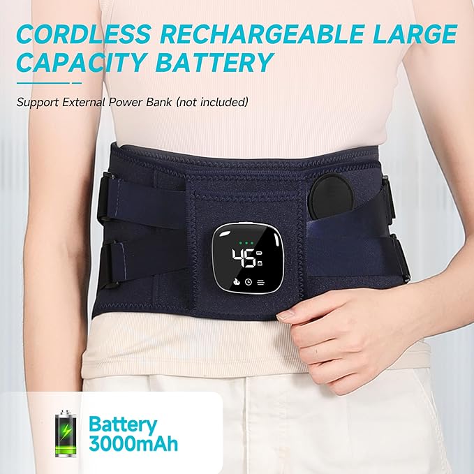 Cordless Heating Pad with Massager for Back Pain Relief, HSA Eligible FSA, 47-60" Lower Portable Back Heating Pad for Cramps with 3 Heat&Timer, 5 Vibration Back Brace Gift for Mother Father Men Women