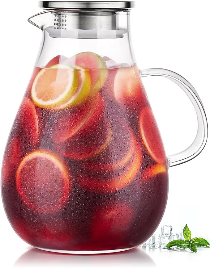 Glass Pitcher, 86oz Glass Water Pitcher with Lid and Handle, Large Borosilicate Hot/Cold Water Jug for Iced Tea, Sangria and Juice Beverage