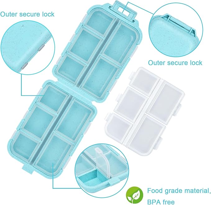 Travel Pill Organizer with Medicine Labels, Travel Pill Box Mini Medicine Organizer Daily Pill Container 10 Compartments Pill Case (Blue, 189 Lables)