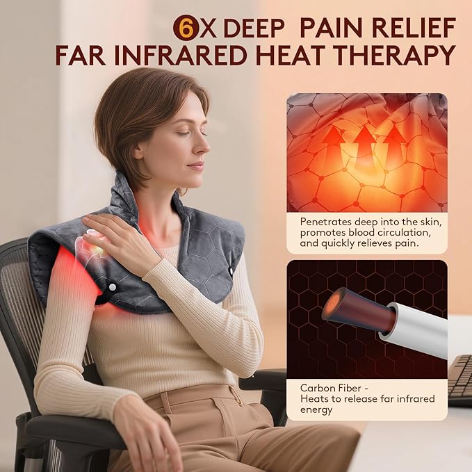 Far Infrared Heating Pad for Neck and Shoulders and Back - 6X Deeper Pain Relief, Graphene 30s Fast Heat, 8 Heat Setting, 16 Timer, Automatic Memory, Weighted Heating Pads Gift for Women&Men (Grey)