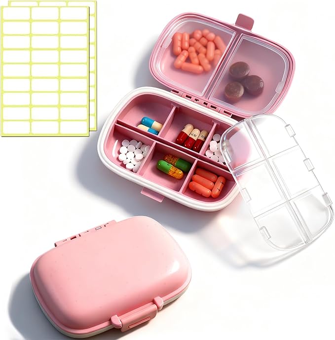 2PCS INVODA Pill Organizer Travel Pill Box 8 Compartments Moisture Proof Small Pill Case for Pocket Purse Daily Pill Container Portable Medicine Fish Oil Vitamin Holder