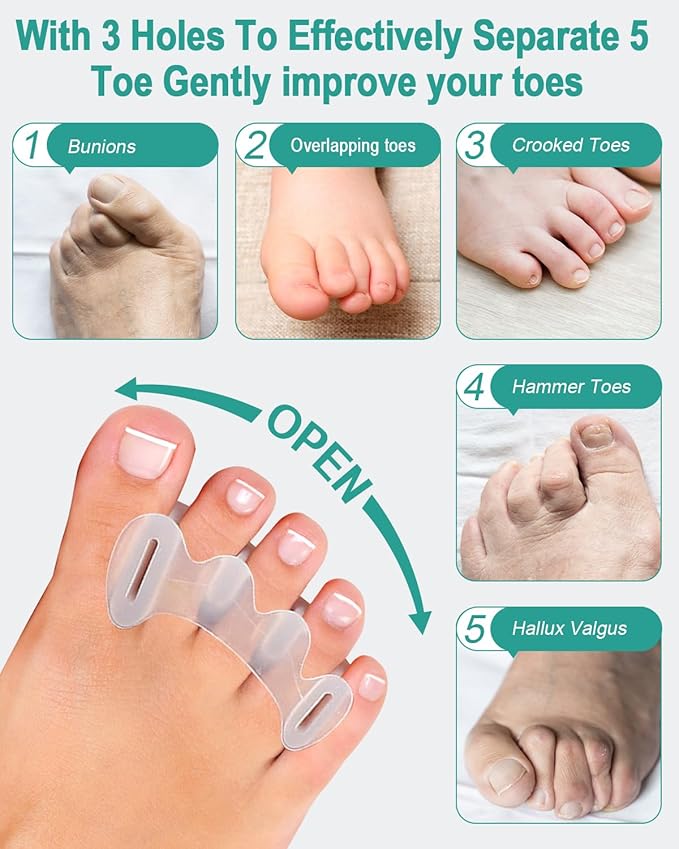 2Pairs Toe Spacers Silicone Gel Toe Separators Correct Women Men Bunion Toes, Soft Toe Spreaders, Hammer Toes Corrector, Big Toe Straightener for Plantar Fasciitis, Foot Relief(Clear)