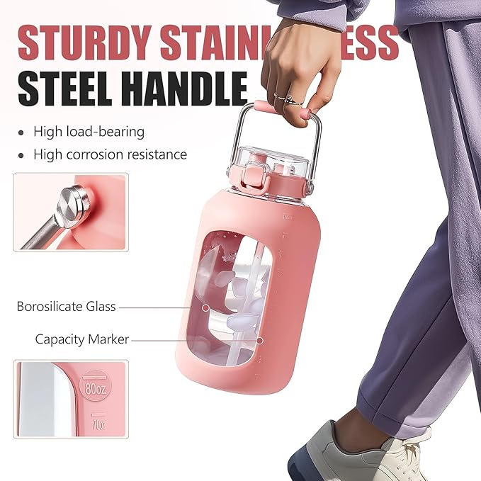Large Glass Water Bottles with Stainless Steel Handle,100 oz Gallon Drinking Bottle with 2-in-1 Straw Lid,3 Liter Glass Water Jug with Silicone Sleeve,Wide Mouth,Pink