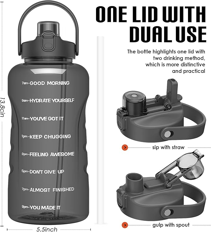 HydroPal 1 Gallon Water Bottles with Straw, 128 oz Water Bottle BPA Free Innovative 2-IN-1 Lid Gym Bottle with Times to Drink Motivational, Large for Sports Fitness Camping Water Jug （13.8X5.5 inch）