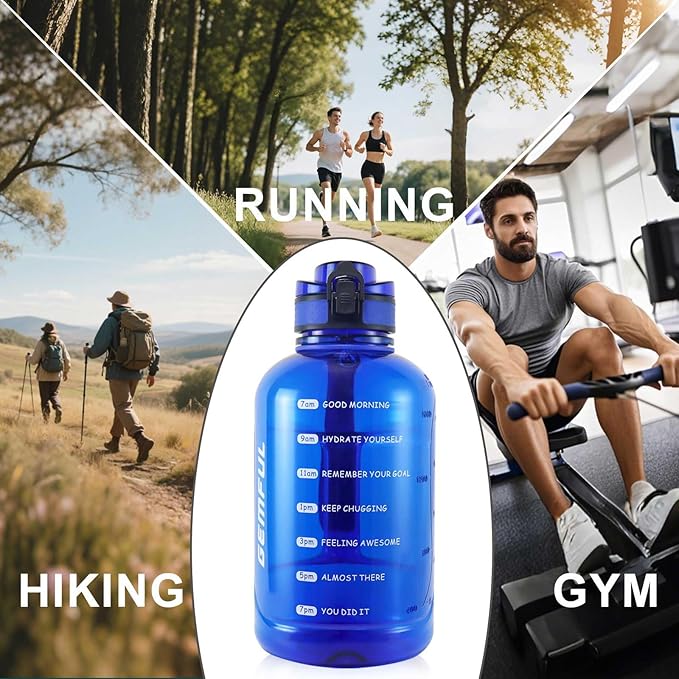 GEMFUL 2L Leak Proof Water Bottle with Handle 64oz Large Gym Jug Time Marker No Straw BPA Free Motivational for Men & Women (Royal Blue)