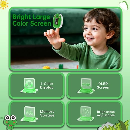 Pulse Oximeter for Kids, Adorable Animal Children Oxygen Monitor Fingertip with 20 × Memory, 4 Color OLED Display Blood Oxygen Saturation Monitor with Alarm, Batteries and Lanyard (Green)