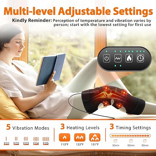 Extra-Large Heated Knee Massager with 4 Motor Vibration, Heating Pad Vibration for Pain Relief, Knee Brace Knee Wrap Adjustable 5 Massage Modes &3 Heated 12V Direct Plug Power Supply