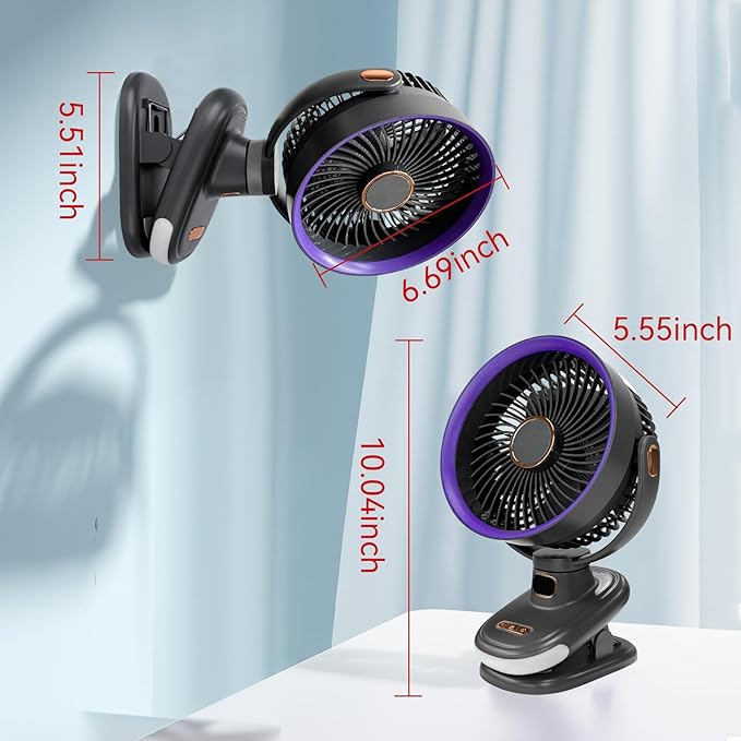 Portable Clip on Fan, Battery Operated Small Powerful USB Desk Fan with Night Light & LED Display Screen, Mini Table Fan, 360° Rotate Personal Fan for Home Office Stroller Camping (Gray)