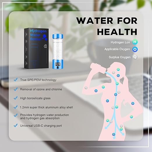 Hydrogen Water Bottle Generator with SPE/PEM–Portable Molecular Hydrogen Rich Water Machine, Rechargeable,5000 ppb,LED Timer for Home, Office, Travel, Sports,Birthday & Christmas Gift