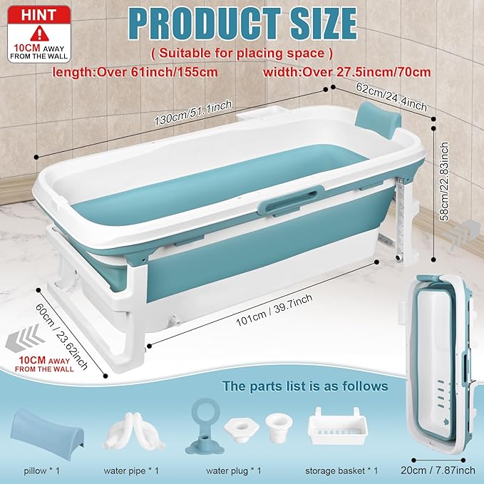 Portable Bathtub, 58/56/50/46 Inch Collapsible Bathtub, Freestanding Foldable for Adults, Folding Tub for Shower, Hot Bath, Ice Bath (Grey-A-130cm)