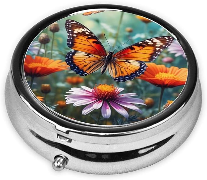 Flower and Butterfly Printed Pill Organizer,Round Travel Pill Organizer Mini Medicine Pill Box for Purse Iron Plating
