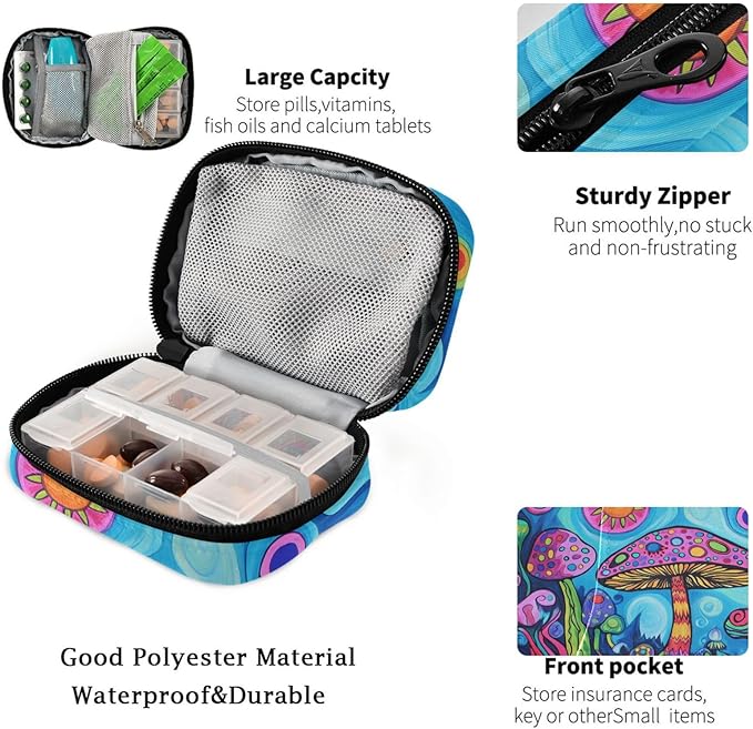 Fustylead 60s Hippie Aesthetic Colorful Art Mushroom Travel Pill Organizer Case Zipper for Purse with Removable Weekly Pill Box for Medicine, Vitamin, Supplement Medicine Organizer