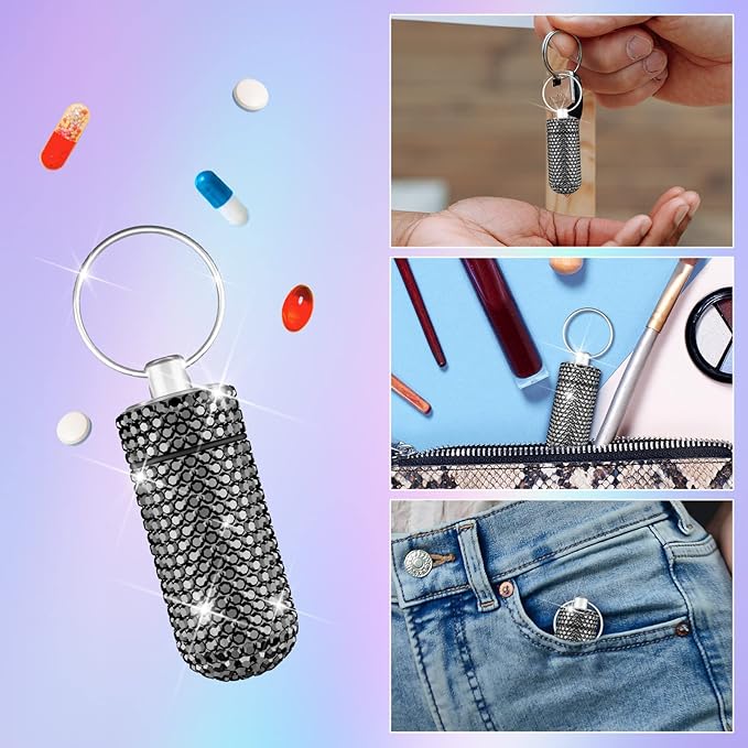 Yuchew Bling Pill Case Pill Container Rhinestone Pill Box Portable Waterproof Pocket Pill Holder Storage Bottle with Keychain for Travel, Outdoor, Camping (Gray)