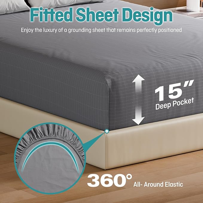 Grounding Fitted Sheets Queen Size, Grounding Sheets Queen with 10% Silver Fiber, 15'' Deep Pocket Grounded Fitted Bed Sheets for Better Sleep & Wellness, 60"x80"x15", Gray