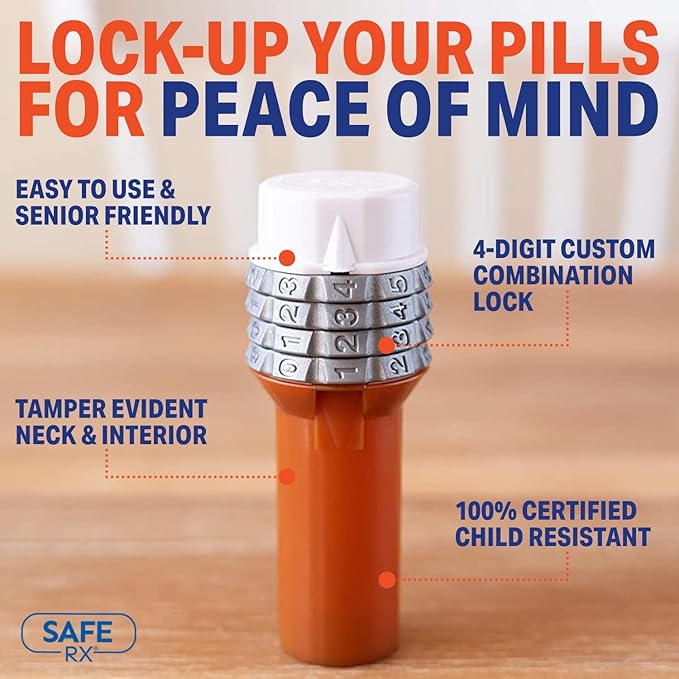 Safe Rx | Locking Pill Bottle | Pill Container Combination Lock | Tamper Evident | Child Resistant | Senior Friendly Easy Open Cap | Prescription Medication | Travel Pill Bottle | Medicine Organizer