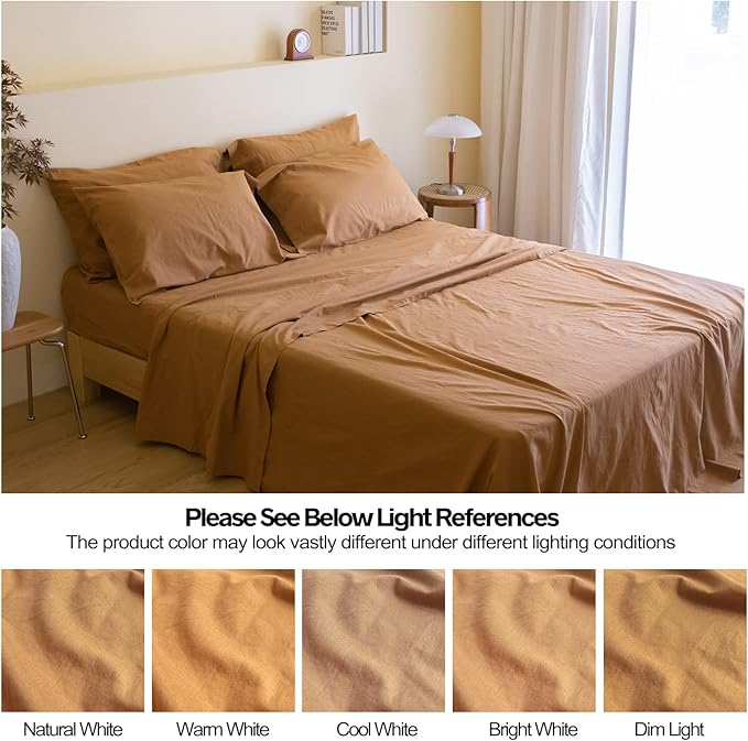 Simple&Opulence Belgian Linen Sheet Set Solid Color - 6 Pieces (1 Flat Sheet & 1 Fitted Sheet & 4 Pillowcases) 16" Deep Pocket Natural Flax Cotton Blended Soft Bedding - Rust, King Size