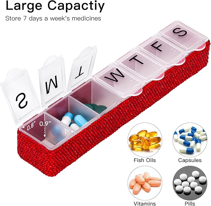 Soleebee Portable Weekly 7 Day Pill Organizer, Bling Crystal Pill Box Case, Travel Pill Planner, Pill Dispenser, Medicine Vitamin Container Organizer (Red)