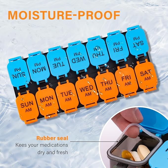 Large 7 Day Pill Organizer, XL AM PM Twice a Day Medicine Storage Box, Big 2 Week Pill Holder for Pills, Vitamins & Supplements, Travel Pill Case for Medication (Blue+Orange)