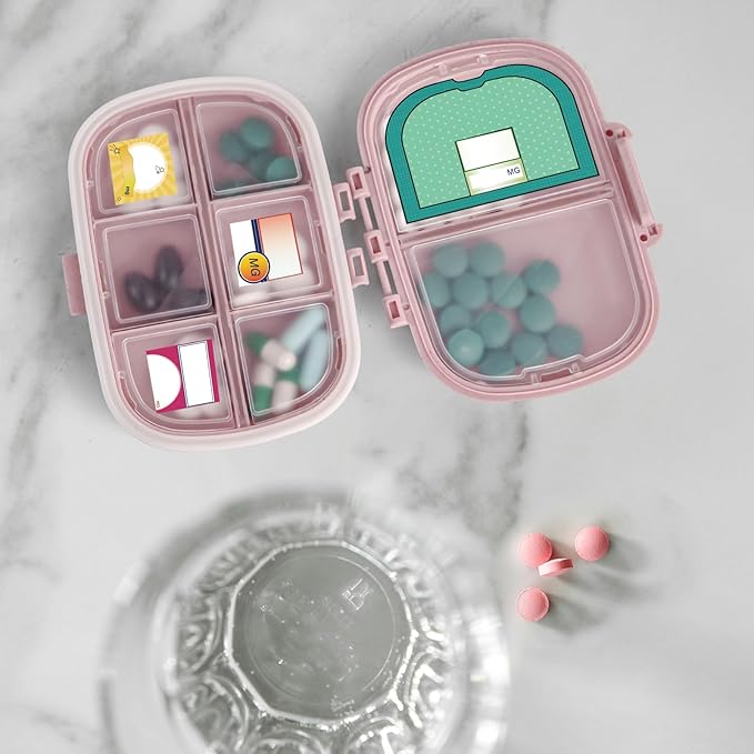 1Pack Travel Pill Organizer & 56 Medicine Name Stickers, 8 Compartments Portable Pill Case, Small Pill Box for Pocket Purse Portable Medicine Vitamin Container (Pink with Stickers)