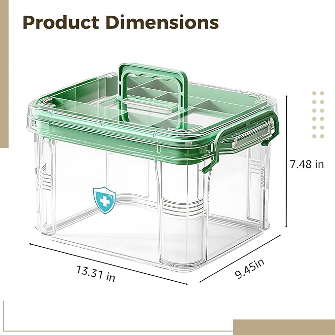 Varku Clear Medicine Storage Box, Large 13.3 x 9.4 x 7.5 in First Aid Organizer Box with Buckle, Handle and 2-Layer Design, Portable Medical Storage for Family Use