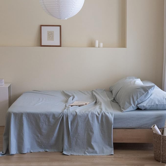 Simple&Opulence Belgian Linen Sheet Set Solid Color - 6 Pieces (1 Flat Sheet & 1 Fitted Sheet & 4 Pillowcases) 16" Deep Pocket Natural Flax Cotton Blended Soft Bedding - Dusty Blue, King Size