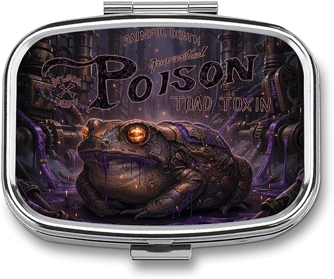 Metal 2 Compartment Pill Organizer Travel Friendly Portable Compact Pill Box Cute Pill Case,for Pocket Wallets Daily Portable Medicine Vitamin Tablet Storage (Dark-Colored Toad)