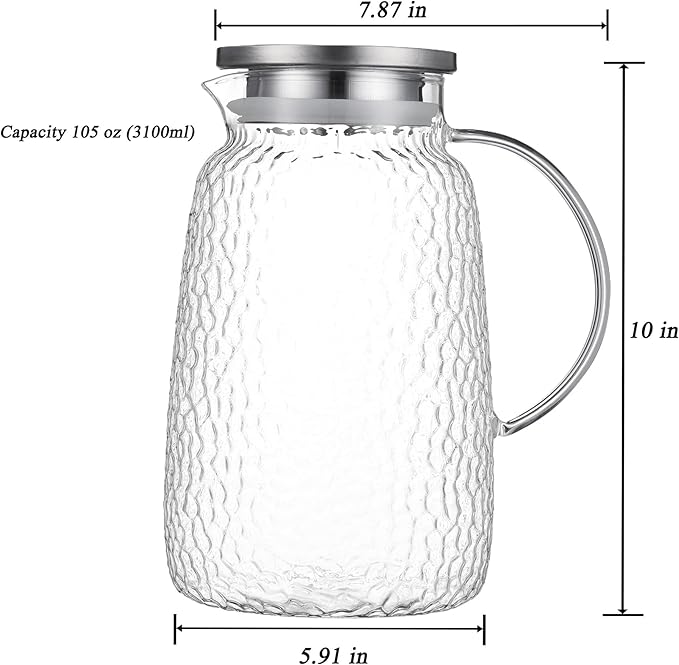 Purefold 105 oz Glass Water Pitcher with Lid, Heat Resistant Borosilicate Jug for Iced Tea, Juice, Milk, Cold or Hot Beverages, Large Caliber Pitchers Easy Clean