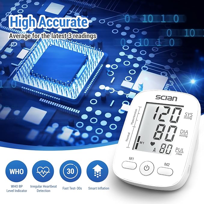 Scian Blood Pressure Monitor Upper Arm for Home Use, Automatic Blood Pressure Arm Cuff with Large Cuff 8.7"-16.5", Large LCD Display, 2 User 180 Memory, USB Cable (White)