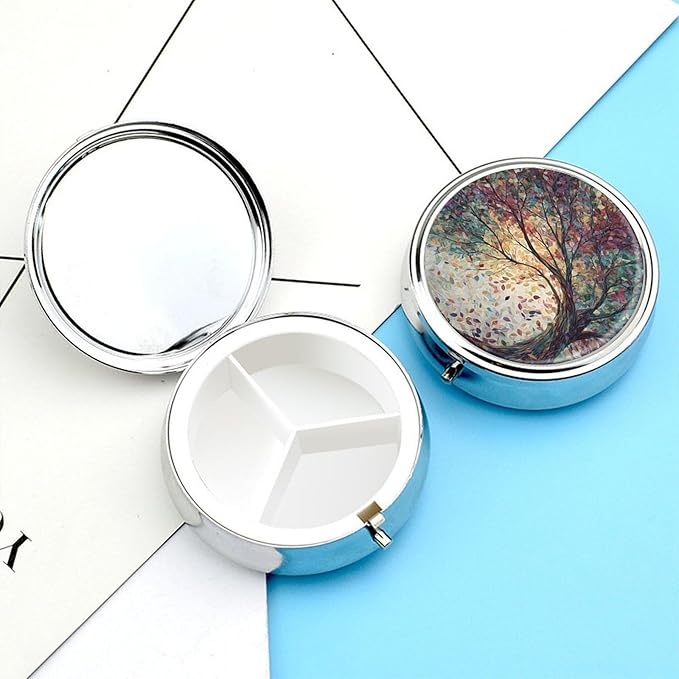 Transparent 3-Compartment Medicine Pill Case, Portable Round Pill Box for Pocket or Purse, Decorative Metal Medicine Vitamin Organizer. (The Tree)