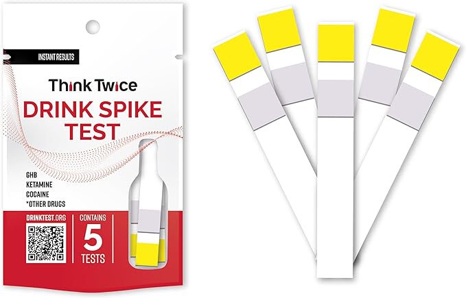 Think Twice Test Strips - Detect Ketamine - GHB - Scopolamine - Cocaine - 2 Resealable Packets - Each Contain 5 Tests - Prevent Drink Spiking