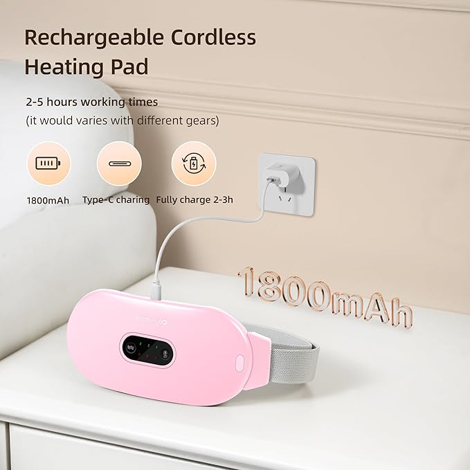 Portable Cordless Heating Pad Cramps:COSYGLOW 6 Heat Levels 6 Massage Modes,3S Fast Heating,Period Menstrual Electric Heating Pad,Gifts for Women and Girls (Pink)