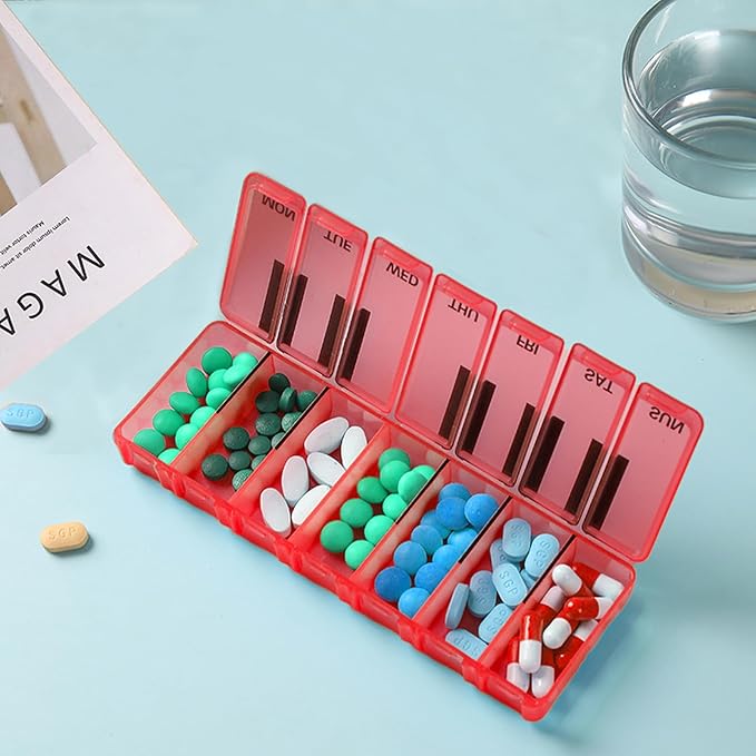 Pill Organizer 7 Day for Travel BPA Free Weekly Pill Organizer Piano-Keyboard Pill Box,Vitamin Organizer (Red)