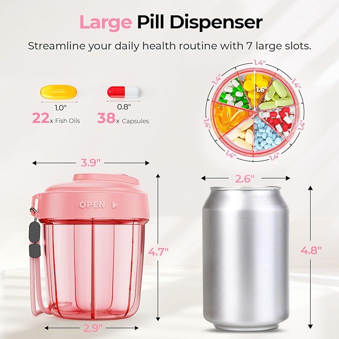 AUVON Large Pill Dispenser Can Store 7 Various Supplements, Travel Pill Organizer Bottle with Anti-Mix Design, Arthritis-friendly Pill Holder with Wide Opening & Slider Lid, Includes 20 Blank Stickers