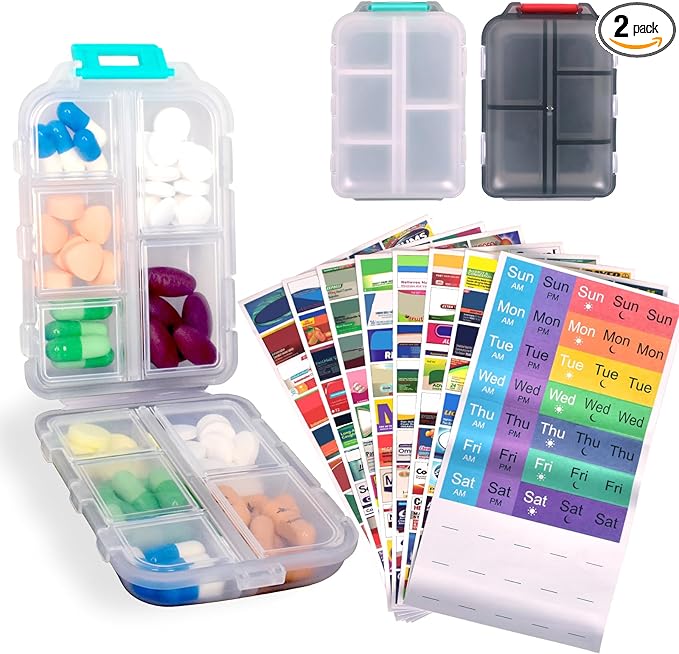 2 Pcs Pill Organizer with Medicine Labels, Portable Travel Medicine Daily Pill Container Organizer 7 Day Pill Case Storage Vitamin Fish Oil (White & Gray, 320 Medicine Lables)