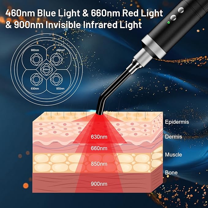 HomeCare Red Light Therapy Wand, Portable Handheld Red & Infrared Light Therapy Device with 5 Wavelengths (460/630/660/850/900nm), 10Hz Pulse, Smart Memory, Rechargeable for Face & Body Care