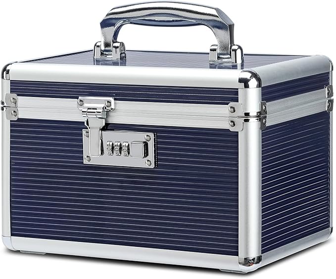 Combination Locking Medication Box with Portable Storage Case, 10.2 x 6.8 x 6.8 Inch, Childproof Medicine Lock Organizer, Lockable Box for Documents & Valuables (Blue/Small)