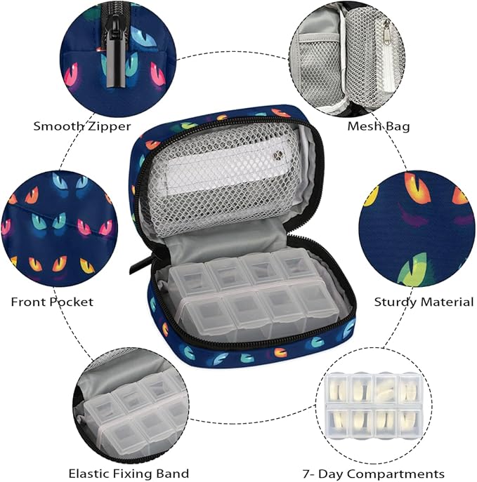 Blue Animal Eyes Pill Case Everyday Travel, 7 Day Weekly Medicine Pill Box Compact Portable Pills Bottle Organizer with Zipper for Daily Vitamin Medicine Holder Bottle Organizers Bag