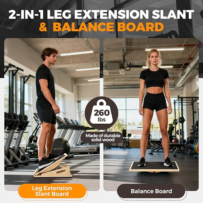 2-in-1 Wooden Balance Board with Adjustable Incline (15°–35°) – Slant Board & Calf Stretcher for Balance Training, Core Strength, and Ankle Mobility – Solid Wood, Non-Slip Surface, Ideal for Home Gym & Physical Therapy